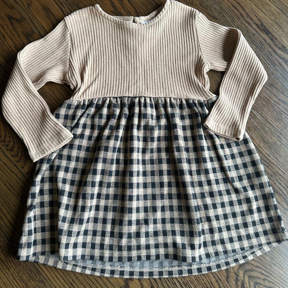 Zara Toddler Fall Dress with Beige Ribbed Top and Black & Cream Plaid Skirt